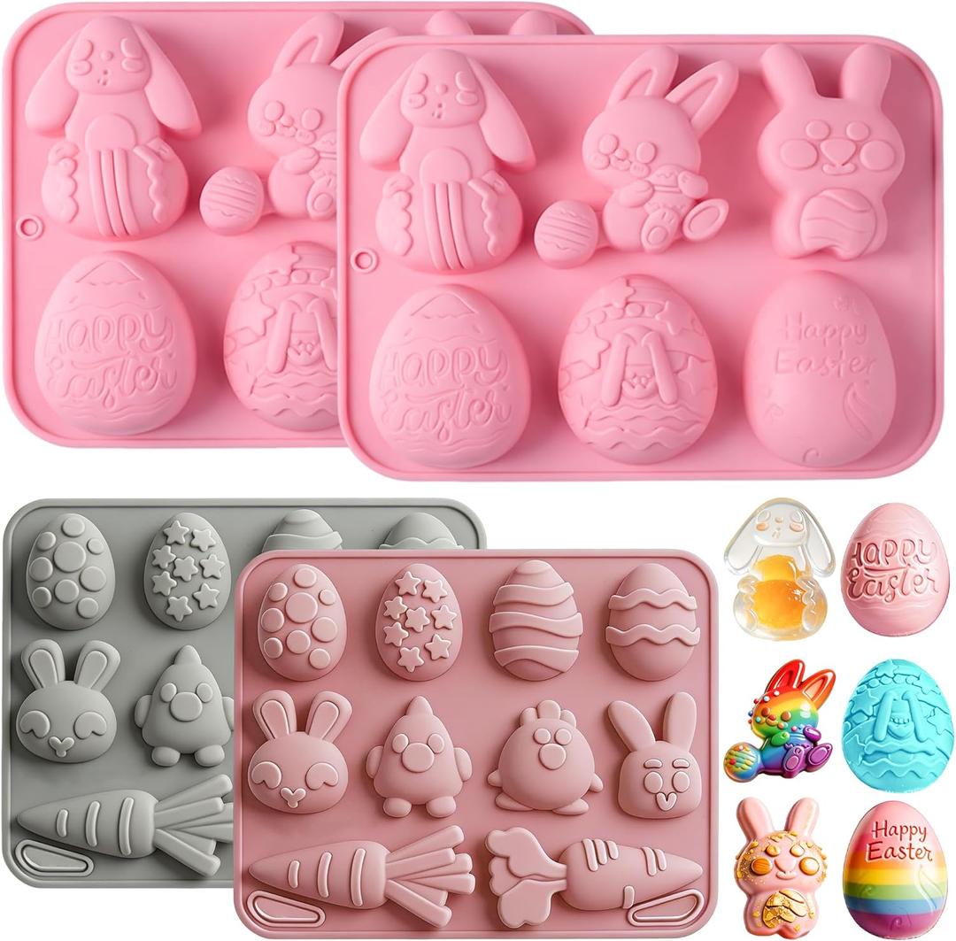 2 x 4 Pack Easter Chocolate Molds Silicone, Non-Stick Egg Shaped Silicone Mold Bunny Jello Mold Assorted Half-3D Cartoon Design for Baking Candy Gummy Soap Jelly Cookie & Easter Basket Stuffers