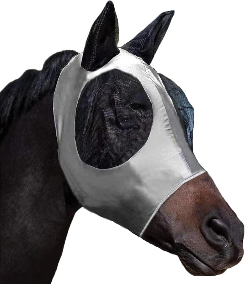 Horse Fly Mask with Ears, Comfortable Fit Stretch Fabric with UV Protection Soft on Skin Breathability for Small/Medium Size Horses (Gray) (Large (For 13.2-15.2 hand horse))