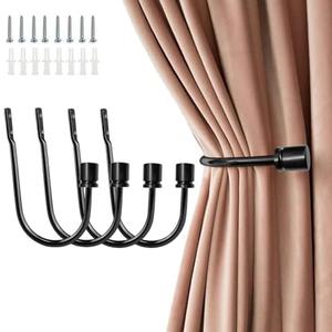 Coolnice Curtain Holdback,4 Pack Wall Mounted Drapery Tiebacks with Screws, Heavy Duty Metal Decorative Window Drapery Holder Curtain Hook U Shape for Home Office,Black
