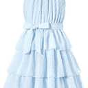 Move Dance Girls Halter Neck Dress Blue Summer Flared Midi A-Line Sundress Swiss Dot Sleeveless Casual Layered Chiffon Dresses with Belt 12-13 Years Old