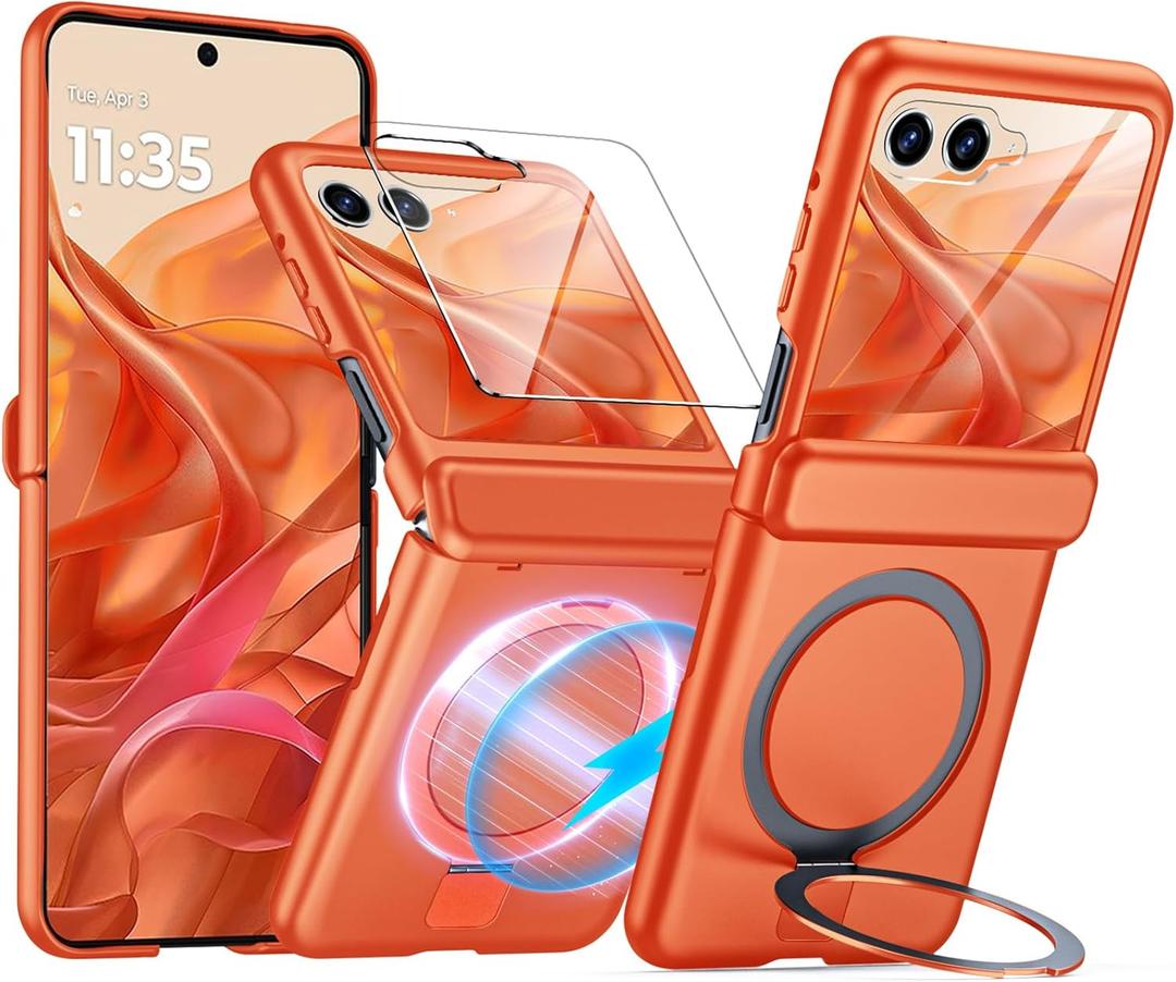 CENMASO for Motorola Razr 2025 Case/Razr 2024 Case with Hinge Protection & Built-in Screen Protector & Magnetic Ring Stand, Slim Full-Body Shockproof Rugged Phone Case for Moto Razr 2025/2024-Orange
