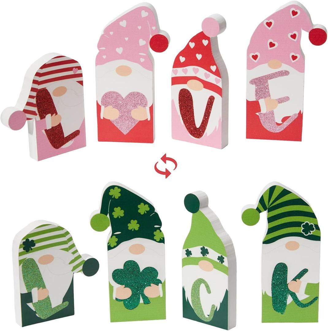 WDS WONDROUS Valentine Decor & St Patricks Day Decorations, 4 Pcs Double-Sided Love & Luck Gnome Wooden Reversible Sign for Table Tiered Tray Mantel Decorations