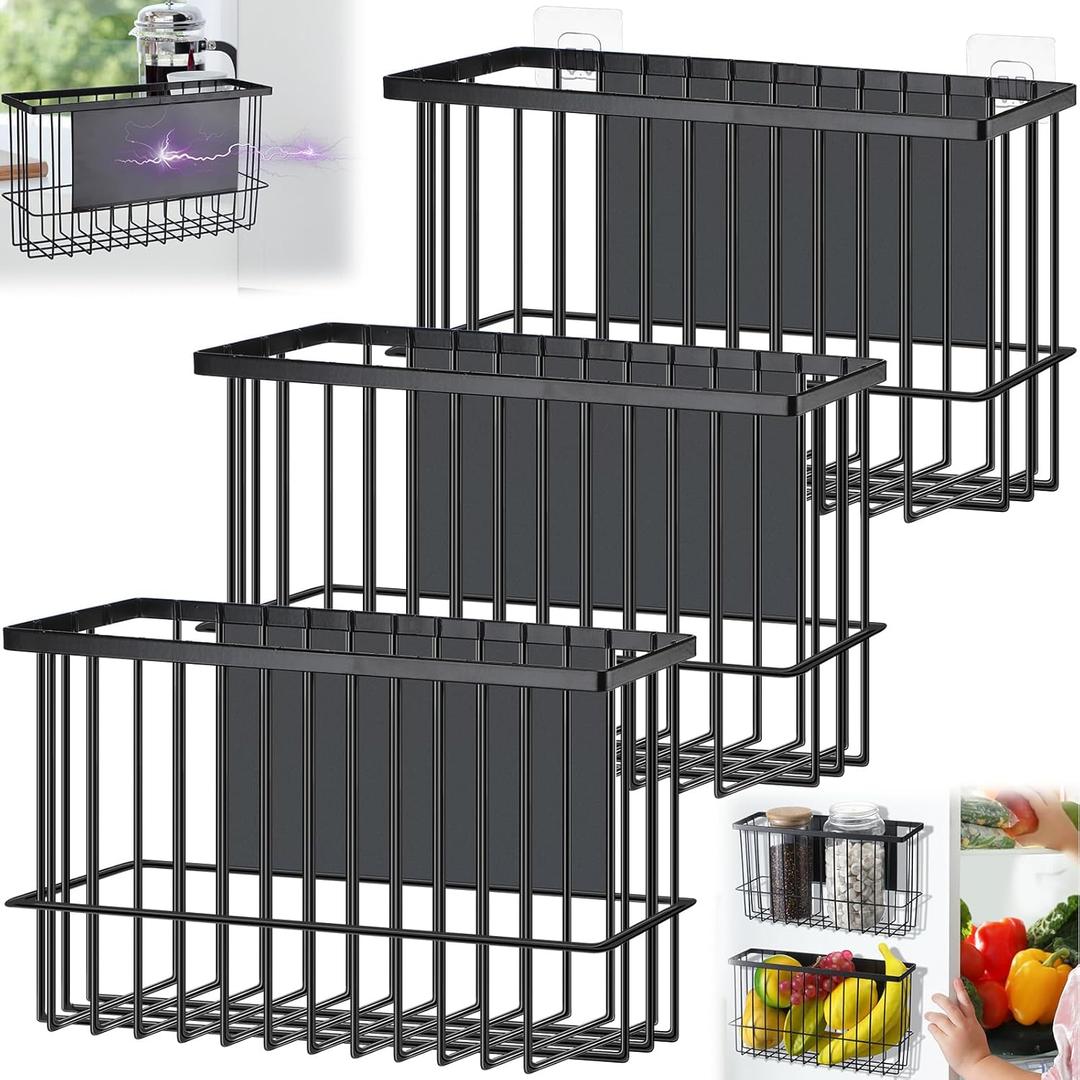 Menkxi 3 Pcs Magnetic or Adhesive Refrigerator Organizer Magnetic Baskets Kitchen Holder for Refrigerator Metal Shelf Rack Storage with 2 Types of Installation(Black)