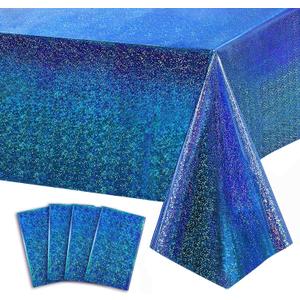 4 Pack Blue Iridescence Plastic Tablecloths Shiny Disposable Laser Table Covers 54" x 108" Sequin Holographic Foil Tablecloths for Birthday, Wedding, Party, Picnic, Buffet, Holiday Decorations