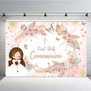 MEHOFOND 7x5ft First Holy Communion Backdrop for Girls Mi Primera Comunin Background for Photography Pink Florals Pampas Grass Happy Birthday Party Banner Supplies Decor Photo Booth Props
