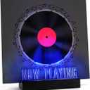 Woodoulogy Now Playing Vinyl Record Stand,Light Up Wooden Album Display Holder with Acrylic Sign, Multi Color LED Now Spinning Hip Hop Record Wood Rack,LP Record Player Accessories Gift