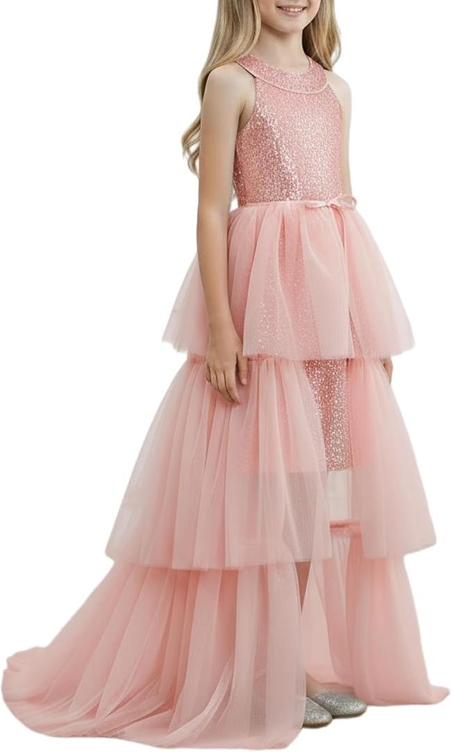 Girls Sequin Dress Halter Formal Pageant Prom Party Graduation Dress with Three Layer Mesh Size 5-14Y (8 Years, Light Pink)