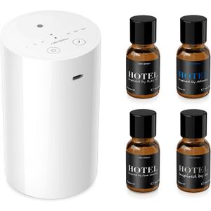 Airversa Waterless Essential Oil Diffuser Starter Kit with 4 x 10mL Hotel Scent Fragrance Oil, Battery Operated Mini Scent Air Machine Portable Diffuser for Home Car Office, AN8 Kit White