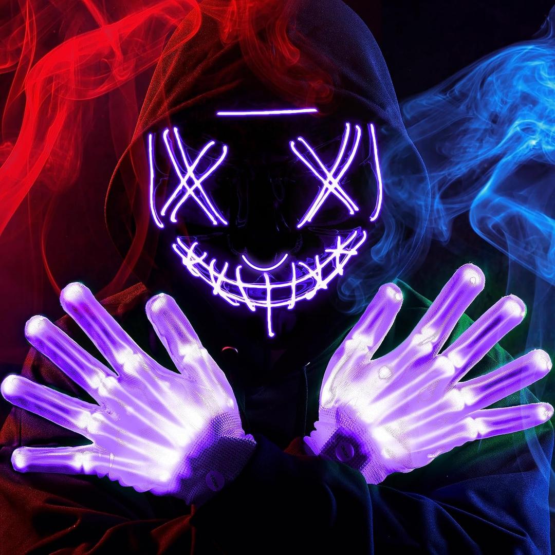 JOYIN Halloween Led Mask, Light Up Mask and Gloves for Cosplay Costume (Purple), 3 Modes Scary Glow in The Dark Masks for Boys Girls Halloween Party Dress Up Accessories, Gifts Giving