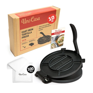 Uno Casa Cast Iron Tortilla Press 10 Inch - Tortilla Maker Press, Pre-Seasoned Roti Maker with 100 Pcs Parchment Paper - Heavy Duty Quesadilla Maker for Homemade Flatbreads, Rotis, Empanadas