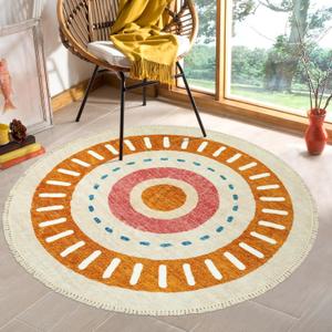 Lukinbox Boho Round Rug - 5ft Sun Washable Area Rug for Living Room, Super Soft Non-Slip Circle Bedroom Rugs, Colorful Rainbow Circular Rugs for Kids Nursery Playroom Dinning Room (Orange)