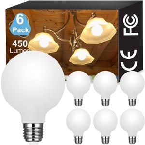 Vinaco Milky Frosted Glass G25 Globe Light Bulbs 60 watt Equivalent, 6 Pack Dimmable Led Light Bulbs Warm White 2700K, 450LM Long Lifespan, G 25 Bulb E26 Base for Bathroom Makeup Mirror, Vintage Lamp