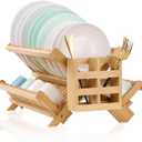 Bmaboo Dish Drying Rack for Kitchen Counter 3-Tier Collapsible Wooden Dish Drying Rack with Utensil Holder Dish Drainer Large Folding Dish Rack with Utensils Flatware Holder
