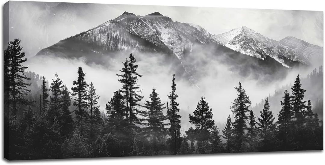 Large Canvas Wall Art Decor for Living Room Bedroom Black and White Misty Forest Pictures Foggy Mountain Nature Landscape Painting Prints Framed Artwork Decoration Home Office 60"x30"