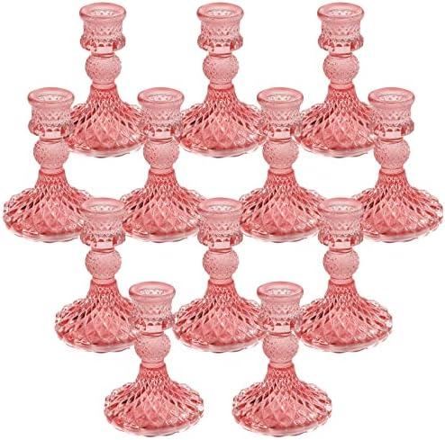 Simeitol Glass Candle Holder Set of 12, Pink Taper Candle Holders Bulk, Vintage Candlestick Holders, Candle Stick Holder for Table Centerpieces, Wedding & Mother's Day