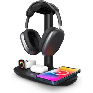 Headset Stand, Wireless Charging Stand, 4 in 1 Charging Station Suitable for Mobile Phones, Headphones, Watches and Headphone Hangers
