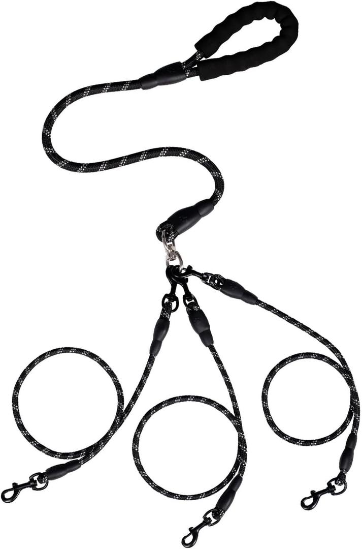 Double Dog Leash,No Tangle Dual Leash with Reflective Strips,Detachable 360 Swivel for Walking and Training Small Medium and Large Dogs(Black,3 in 1)