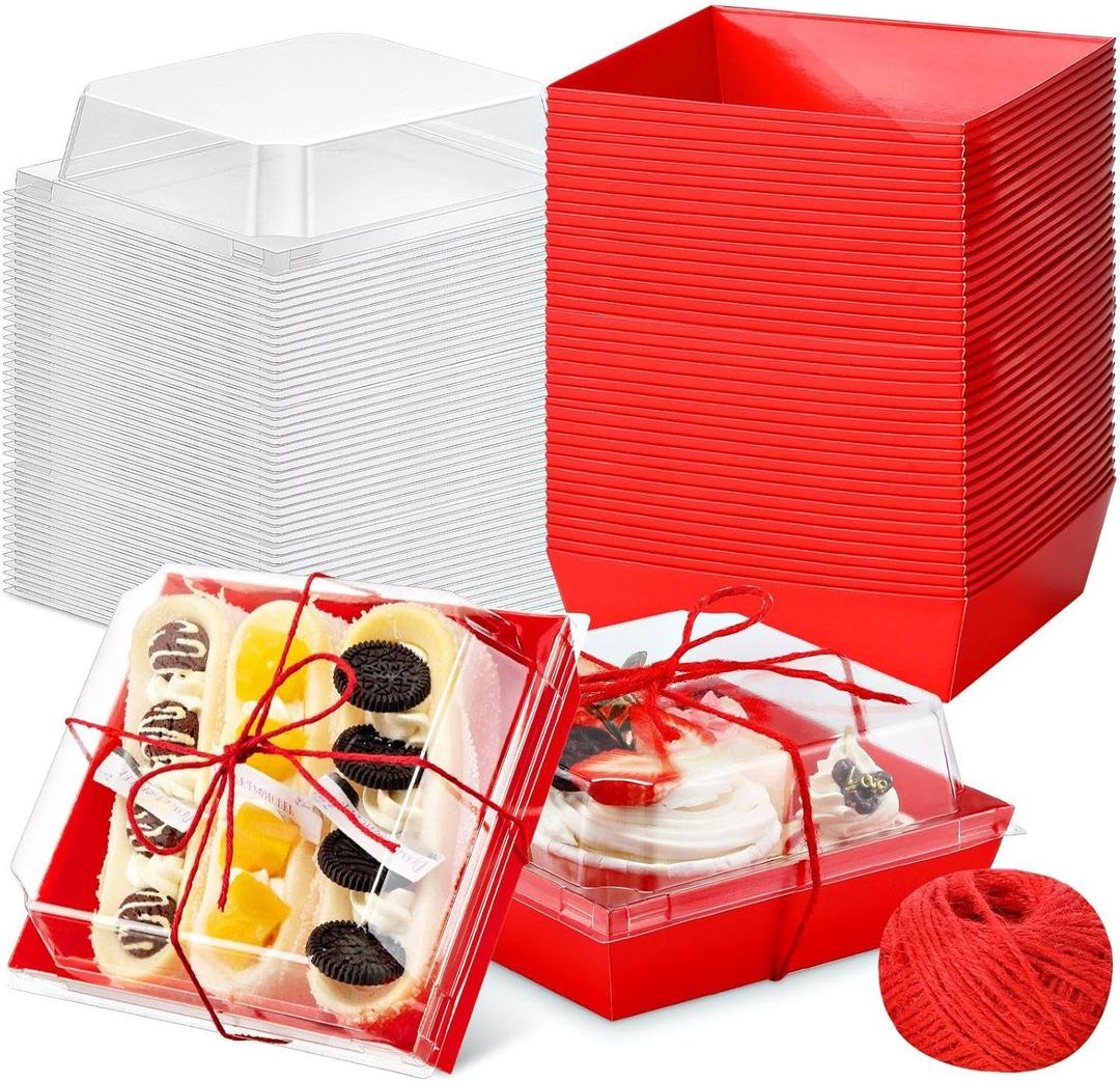Jingmore 50 Pcs Charcuterie Boxes with Clear Lids 5'' Disposable Square Dessert Boxes Paper Food Box Bakery Containers for Party Cake Cookie Sandwich (Red)