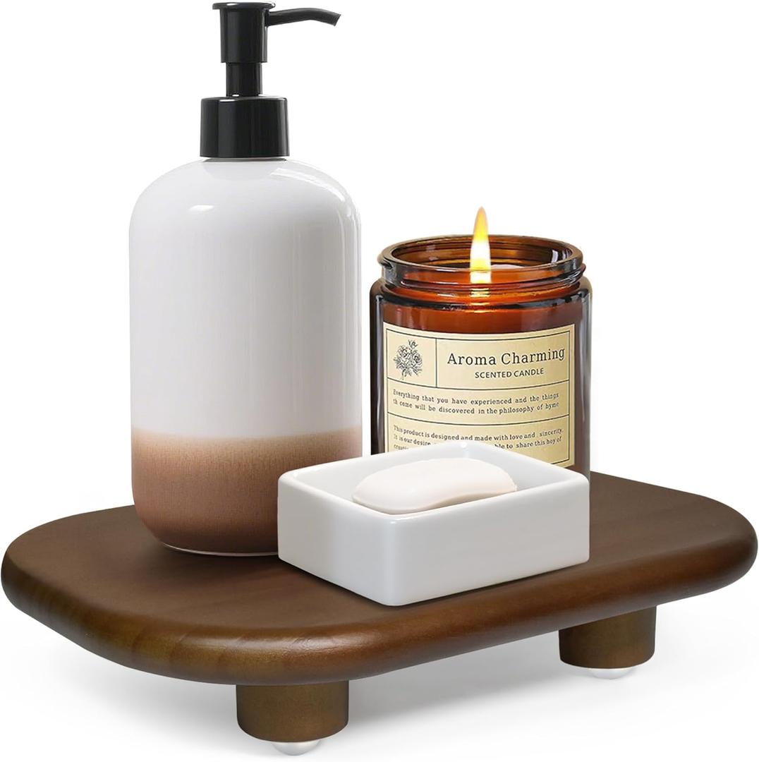 Sopicoz Wood Display Riser, Decorative Display Stand for Candles Plants Bottles Vases Soap Dispenser , 9 inch Wooden Tray Pedestal Stand for Kitchen Bathroom Countertop Decoration (Brown, 9 inch)