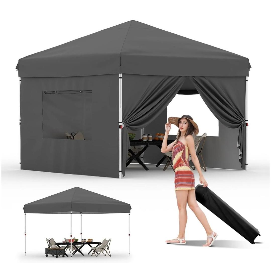 Garvee 10'x10' Pop-Up Canopy Tent with 4 Sidewalls - Portable Instant Commercial Canopy with Stakes, Ropes & Sandbags for Market, Patio & Camping, Black