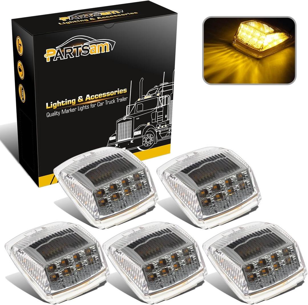 Partsam 5pcs 17 LED Clear Lens 5 * 3.75" Amber Cab Marker Top Roof Running Truck Cab Light Waterproof Top Reflective Lights Compatible with Peterbilt/Kenworth/Freightliner/Mack/