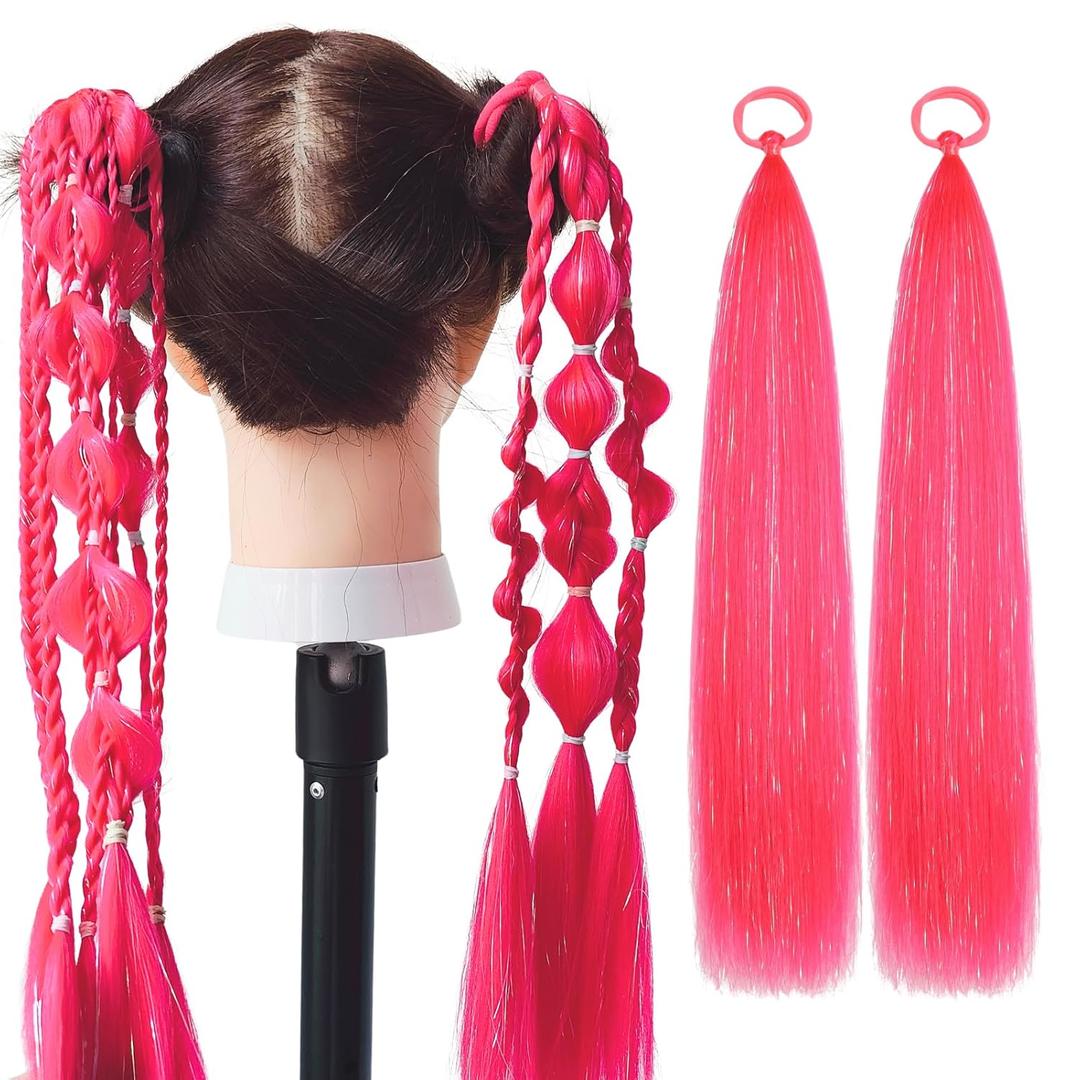 Colored Hair Extensions Hot Pink Ponytail Extension 2 Packs, 20 inch Crazy Hair Day Accessories for Women, DIY Festival Wacky Rave Braids,Tinsel Mixed