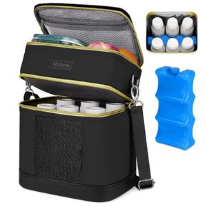 Mancro Breastmilk Cooler Bag with Ice Pack, Double Layer Breast Milk Cooler Bag Fits 6 Bottles Up to 9 Ounces, Leafproof Insulated Baby Bottle Bag for Nursing &Working Mom (Pure Black)