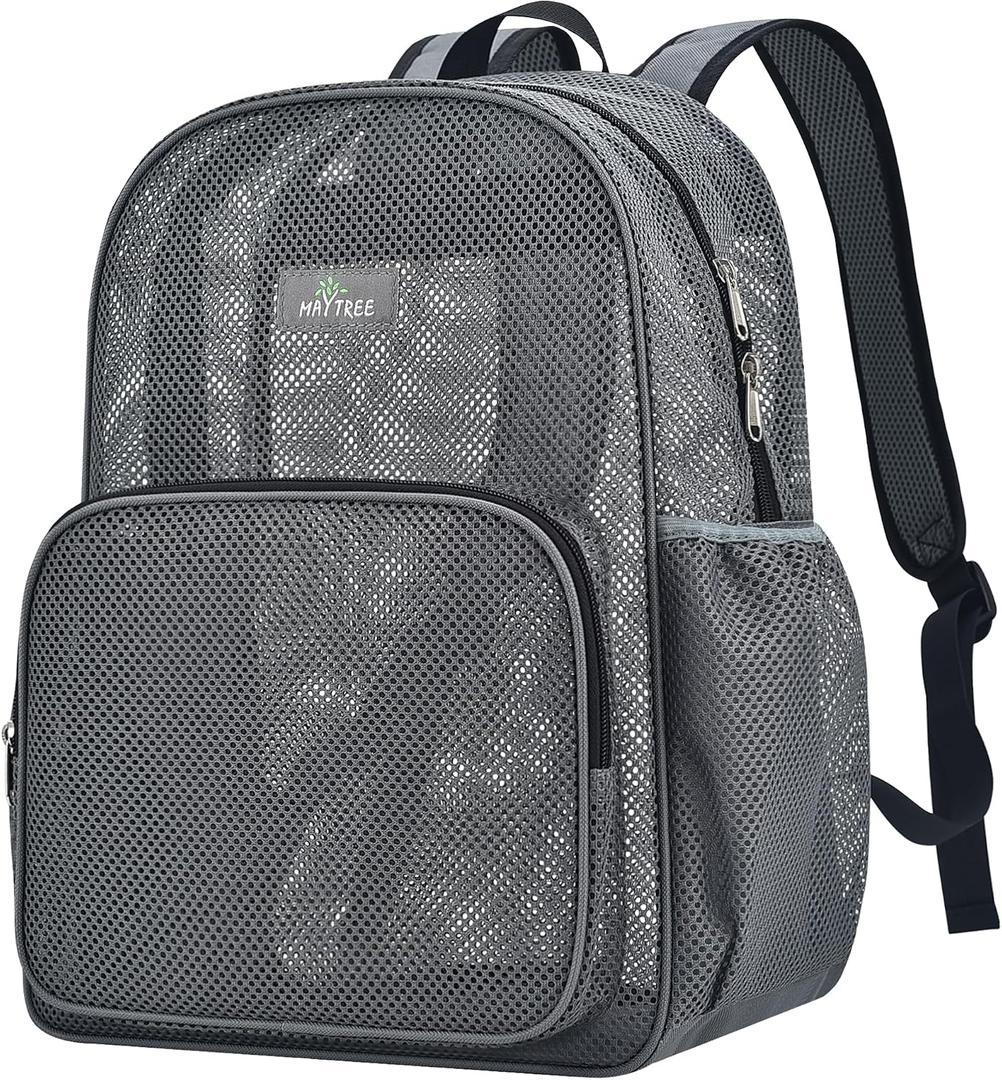 MAY TREE Mesh Bacpack for School Beach Swimming Outdoor Fitness, Heavy Duty Mesh Bookbag with Sturdy Material for Women and Men, Grey, Medium