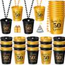 Sureio 24 Pcs 50th Birthday Party Favors Shot Glass Necklaces Cups Bulk for Women Men Guests, Plastic Gold and Black Shot Necklace Cups for Birthday Anniversary Supplies