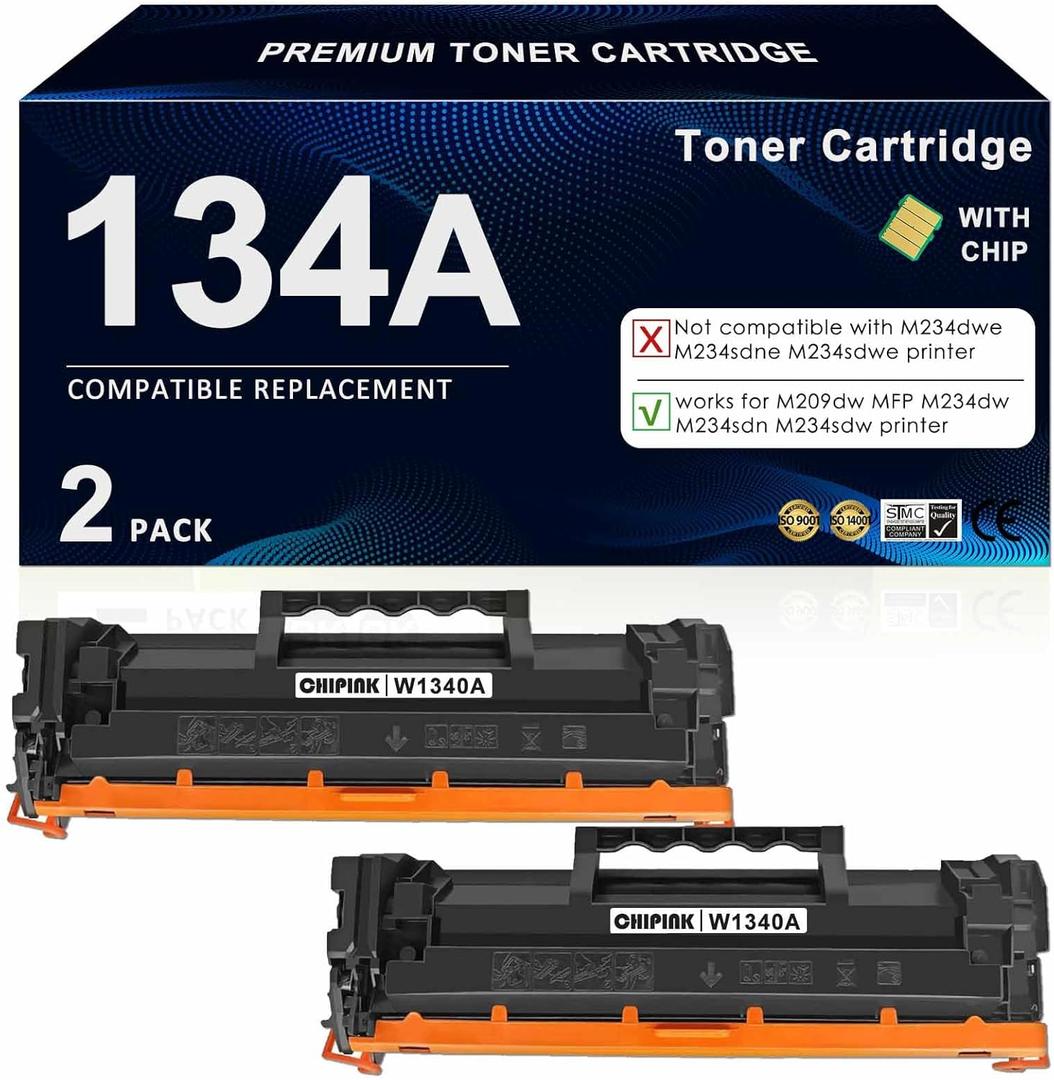 134A Black Toner Cartridge (with Chip) Replacement Compatible for HP 134A Toner Cartridge W1340A 134X W1340X Ink for Laser 209dw MFP M234dw M234sdw Printers (2 Pack, Black)