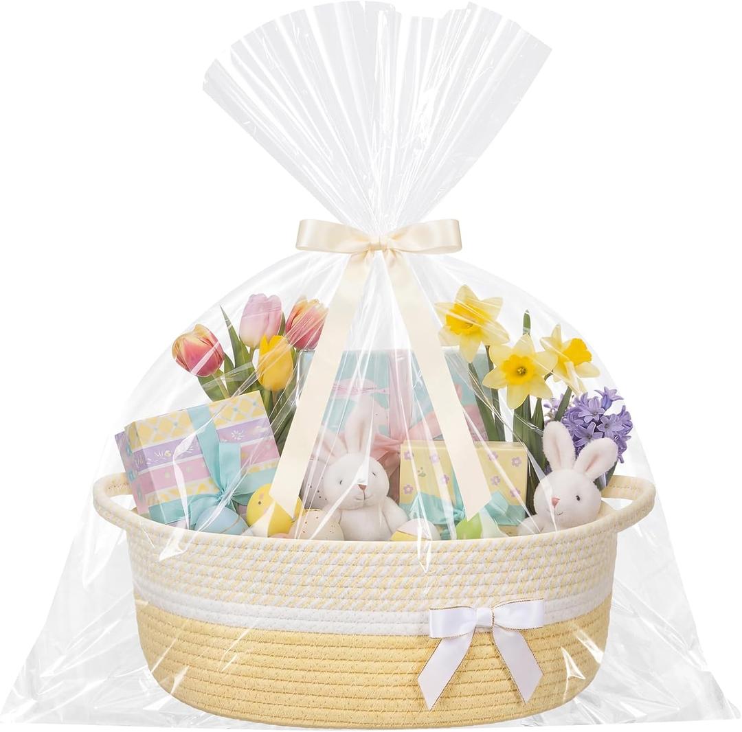 Colingmill Graduation Woven Large Gift Basket Empty with Ribbons Bow Tie Bag, Graduation Empty Decorative Chest Box, Woven Rope Storage with Handles Home Decor(14 x 10 x 5.5 Inch,Light Yellow White)