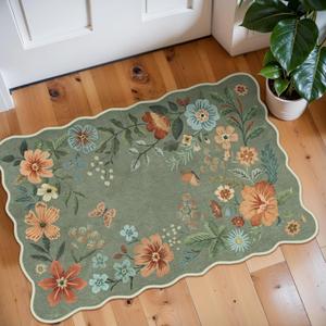 Lahome Floral Rugs for Entryway, 2X3 Washable Kitchen Rugs Ultra-Thin Soft Rug, Non Slip Indoor Door Mat Stain Resistant Boho Small Flore Throw Carpet for Bathroom Bedroom (2x3ft,Green)