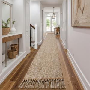 Collive Boho 18 ft Long Runner Rug for Hallway, Washable Kitchen Runner, Cotton Hand-Woven Farmhouse Neutral Carpet Runners, Tan/Cream Low Pile Entryway Floor Runners for Bedroom, 2.6' x 18'