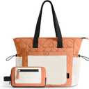 TOPEAST Tote Bag for Women, Lightweight Puffer Tote Bag with Zipper, Work Bags for Nurse Teacher, Travel Puffy Handbag (Beige & Orange-large)