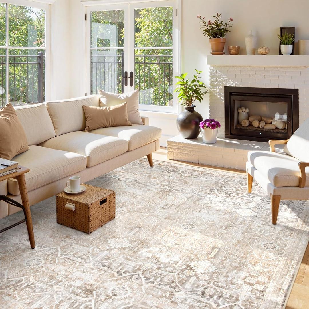 Collive Large Area Rug for Living Room 9x12, Neutral Boho Washable Area Rug 9x12 Non Slip Modern Farmhouse Bedroom Carpet Stain Resistant Ultra-Thin Low Pile Print Floor Mat for Dining Office - Beige