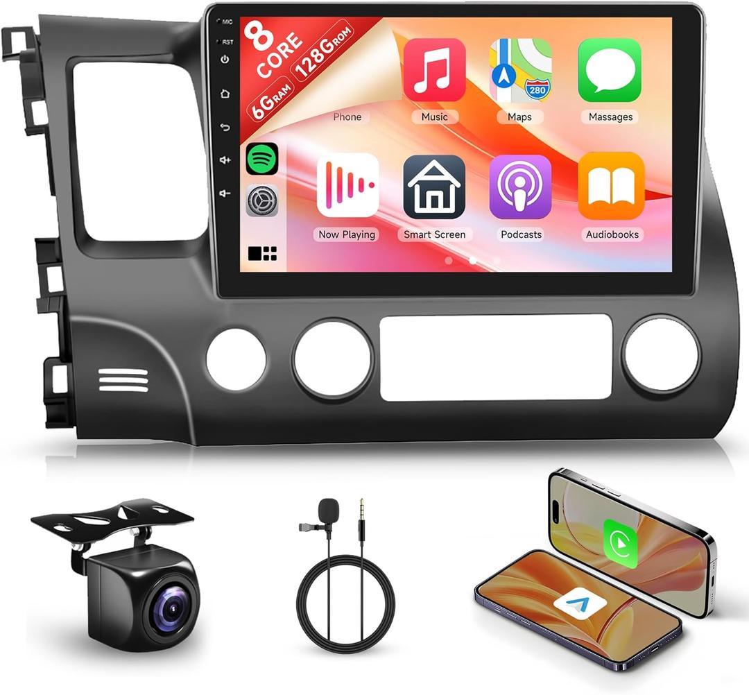 8 Core 6+128G Android Car Stereo for Honda Civic 2006-2011 with Wireless Carplay Android Auto Car Radio, 10.1'' Touch Screen Head Unit with Mirror Link GPS Bluetooth FM/RDS DSP WiFi Backup Camera SWC