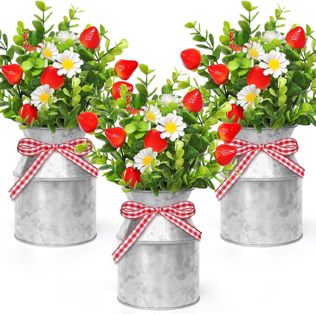 3 Pack Strawberry Mason Jar Table Centerpiece, Artificial Strawberry Home Centerpieces Fake Strawberry Daisy Plants with Faux Leaves for Summer Farmhouse Wedding Decor, Tiered Tray Tabletop Display