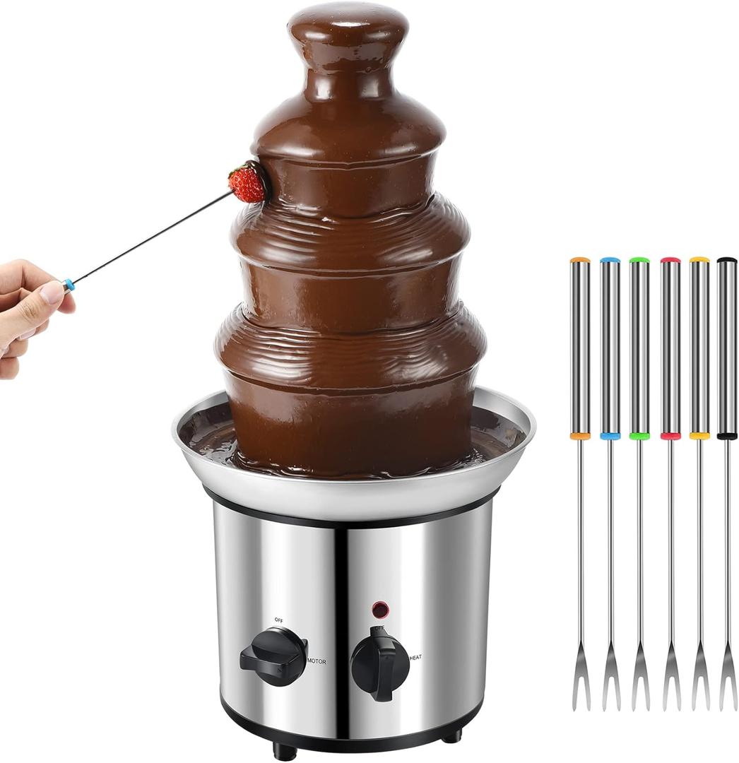 Chocolate Fountain, 4 Tiers Electric Melting Machine Chocolate Fondue Fountain Set with 6pcs Stainless Steel Forks, 4-Pound Capacity, Stainless Steel Cascading Fondue Heat Motor Controls Pot for Nacho