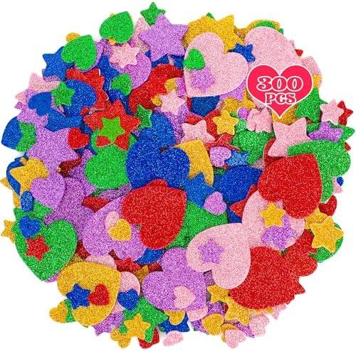 300 PCS Glitter Heart Stickers, Colorful Self Adhesive Foam Star Heart Stickers, Arts Craft Mini Star Bulk for Valentine Crafts DIY Greeting Card Envelopes Scrapbooking