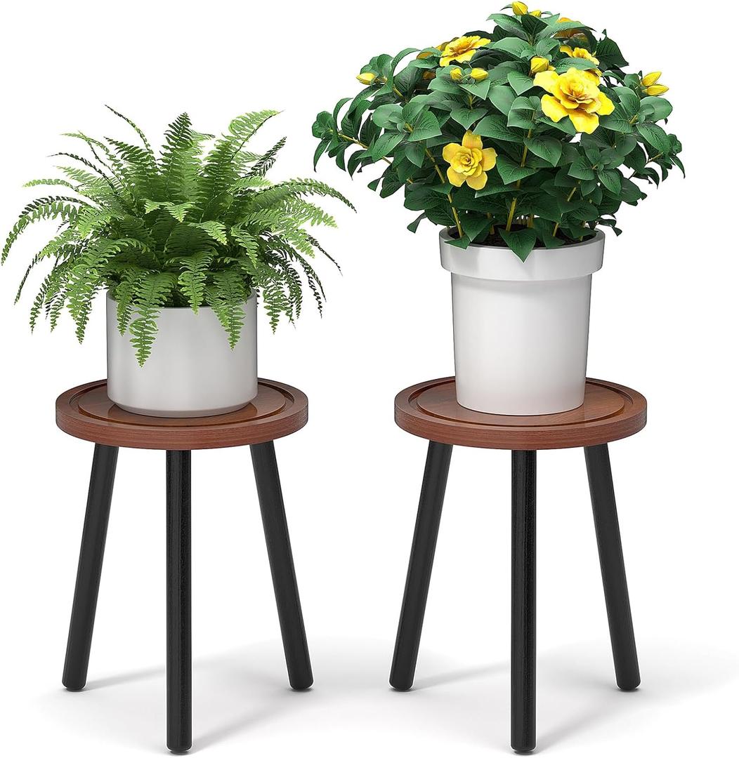 2-Pack Wood Plant Stands Indoor, 16.7" Tall Plant Stand Outdoor Mid-Century Plant Stool, Single Plant Table Modern Small Round Side/End Table for Living Room, Balcony, Office(Brown) (Brown Tray with Black Legs-2Pack)