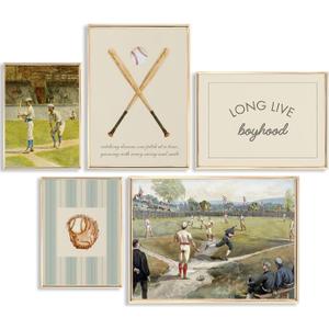 5pcs Vintage Baseball Nursery Wall Art Inspirational Quotes Boys Room Posters Artwork Baseball Field Stadium Painting Pictures Wall Decor for Office Teen Room Home Decoration 12x16in Unframed (16L"x12W")