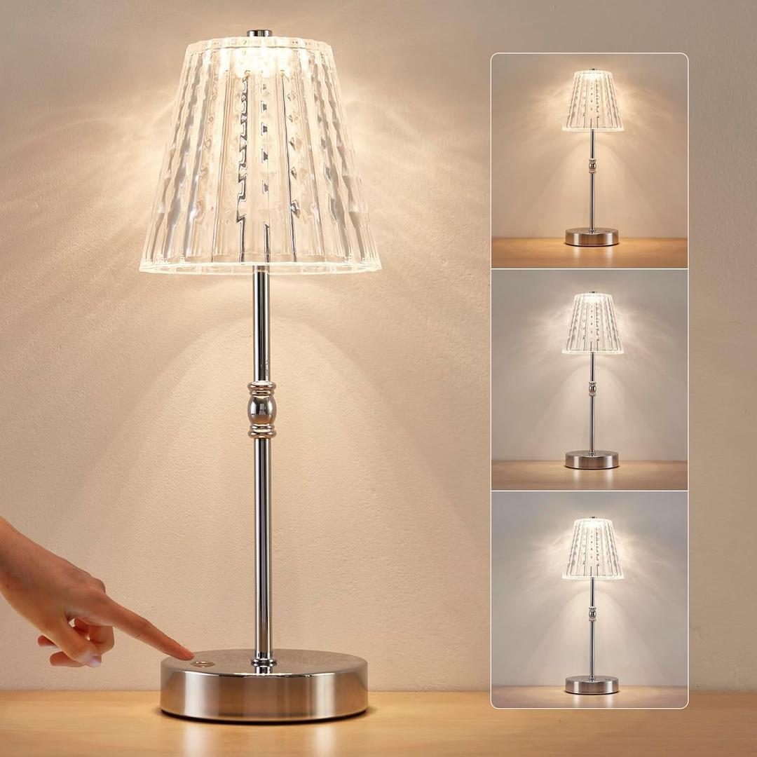 Cordless Table Lamp, 5000mAh Rechargeable Battery Operated Portable Lamp, Dimmable+3 Colors LED Touch Control, Vintage Crystal Lamp for Bedroom, Kitchen, Bar, Office (Sliver-1 Pack)