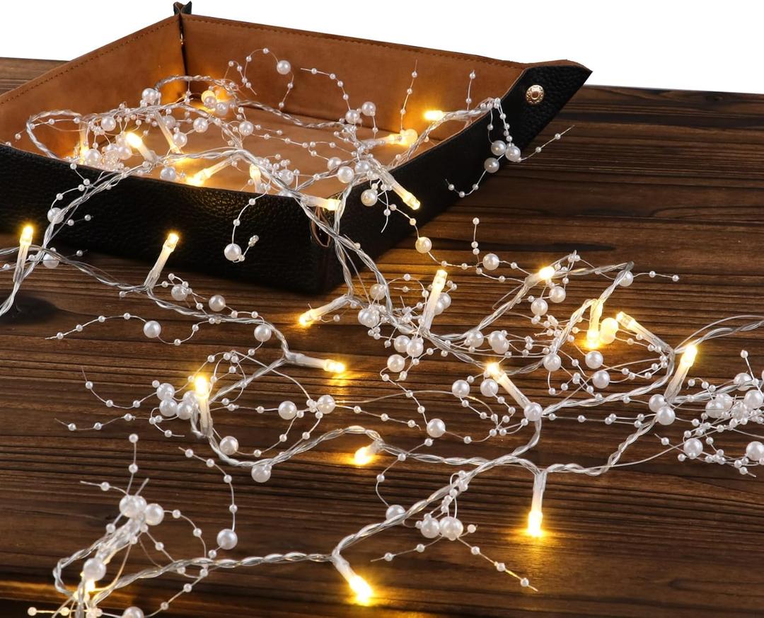Rhytsing 14.7FT White Pearl Garland with 36 LED Light, Battery Operated Fairy String Lights with Timer for Wedding Christmas Party Event Decoration