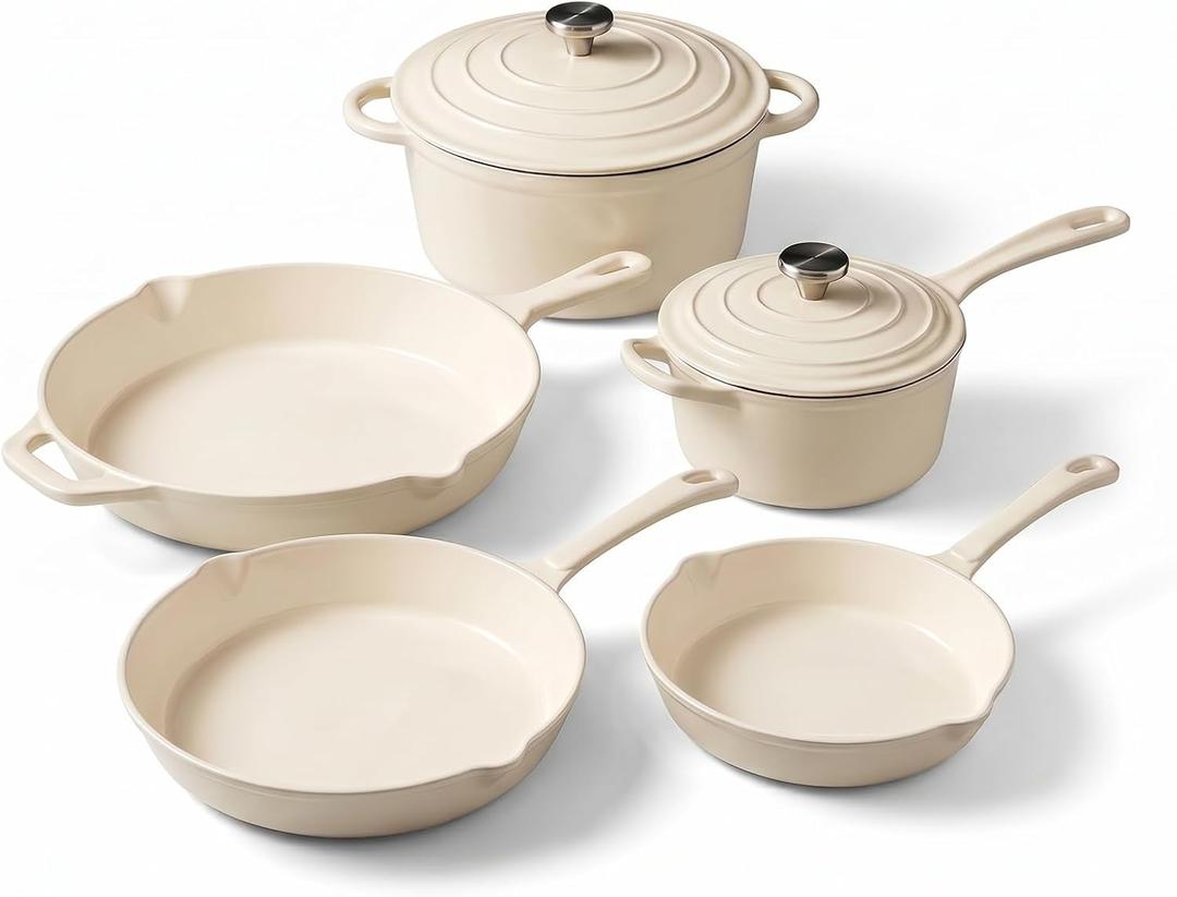 QuliMetal Enameled Cast Iron Cookware Set, 5-Piece Pots and Pans Set with Lids, Skillet, Frying Pan, Saucepan & Dutch Oven for All Stovetops, PFOA Free, Ideal for Sourdough Bread Baking, C White 5PC
