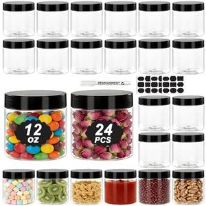 YIKORLO 24 Pack Plastic Jars with Lids, 12oz Clear PET Jars Containers with Airtight Lids, Black Lids Plastic Storage Jar with Pen & Labels for Dry Food Kitchen Craft Storage Office Storage