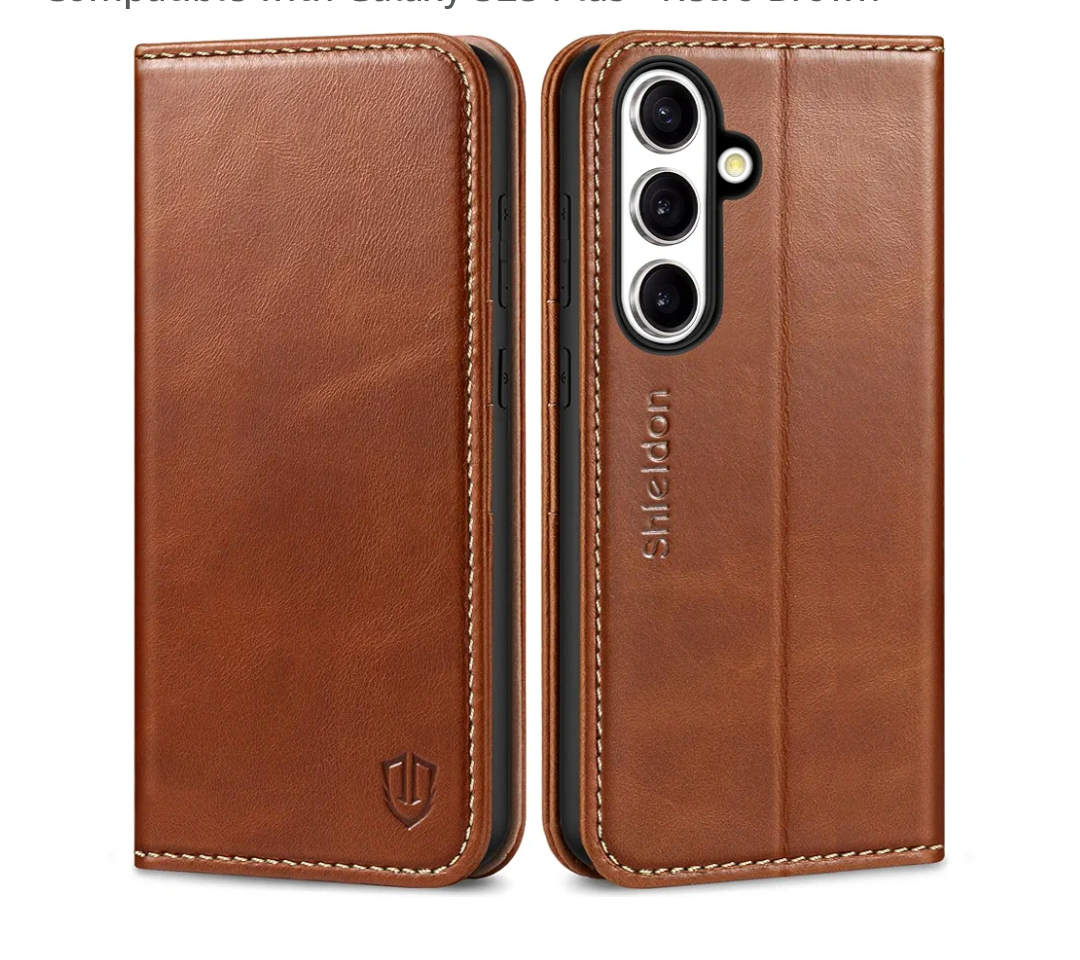 SHIELDON Case for Galaxy S25+ 6.7" 2025, Genuine Leather Flip Wallet Book Case Magnetic RFID Blocking Credit Card Holder Kickstand Shockproof Cover Compatible with Galaxy S25 Plus - Retro Brown