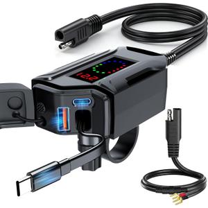 Motorcycle USB Charger, 3-in-1 Fast Charging with USB-A & USB-C + Retractable Type-C Cable, 12–24V Waterproof IP56, LED Voltmeter, Handlebar & Mirror Mount for Motorbike ATV
