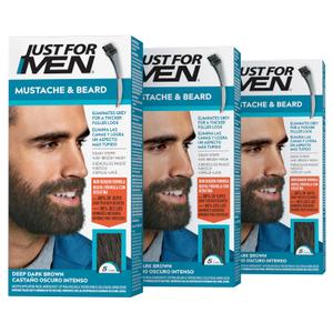 Just For Men Mustache & Beard, Beard Dye for Men with Brush, With Keratin Biotin Aloe and Coconut Oil for Healthy Facial Hair - Deep Dark Brown, M-46, Pack of 3 