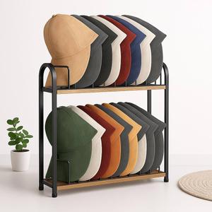 SWTYMIKI Hat Stand for Baseball Caps - 2 Tier Wood & Metal Removable Tabletop Hat Organizer Storage Display Rack, Holds up to 20 Caps for Desk, Closet Shelf, Dresser (Black)