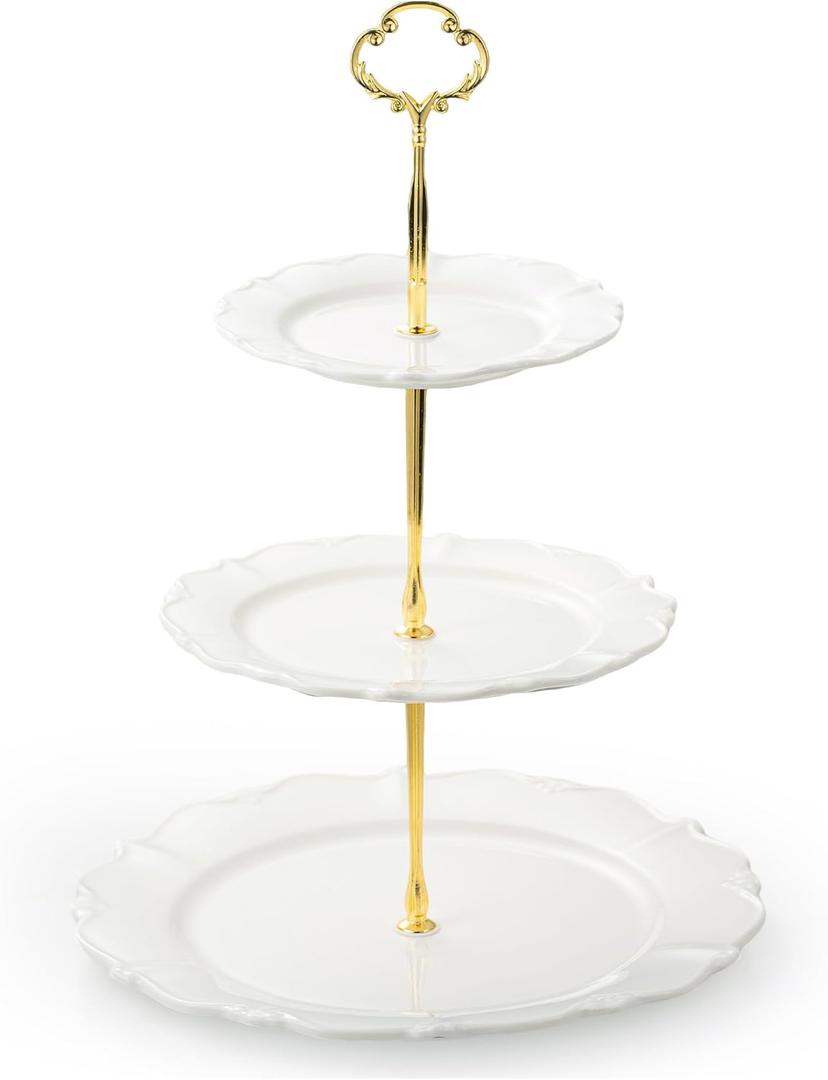 3 Tier Cupcake Stand, Ceramic Tiered Serving Stand, Relief Dessert Tower Tray, Cupcake Holder Tower for Birthday, Baby Shower, Tea Party and Wedding (White)